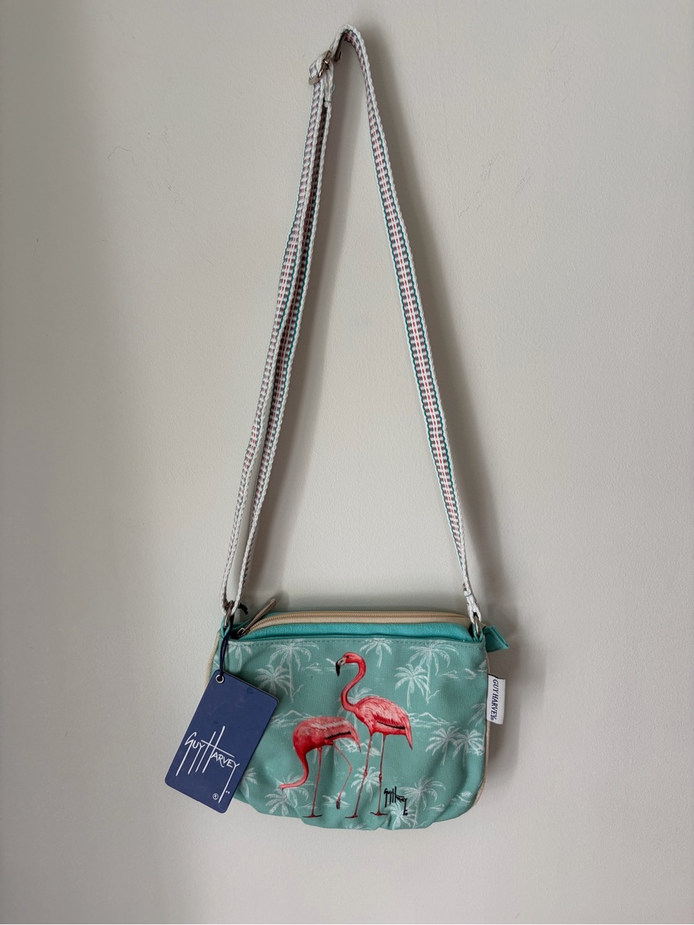 Guy Harvey Aqua Teal Crossbody Bag with Pink Flamingos. NWT